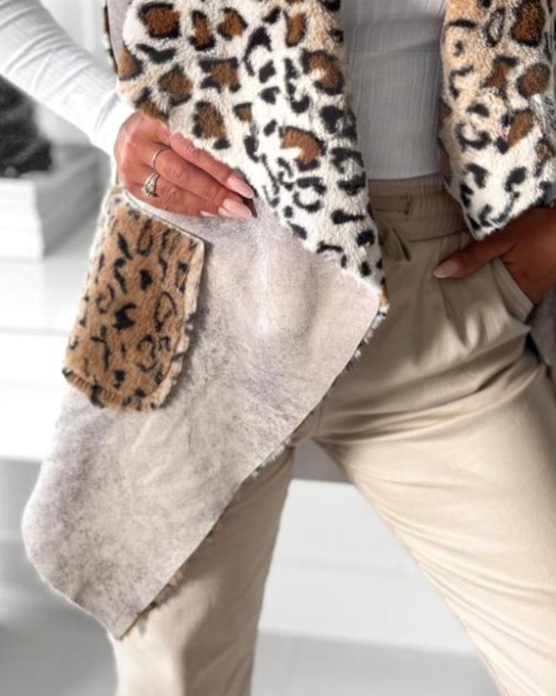 Reversible Leopard Pattern Fuzzy Fleece Lined Vest Lapel Sleeveless Casual Coat with Pockets