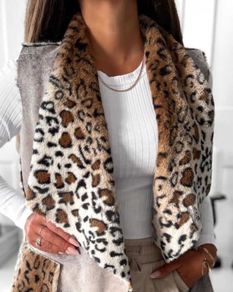 Reversible Leopard Pattern Fuzzy Fleece Lined Vest Lapel Sleeveless Casual Coat with Pockets