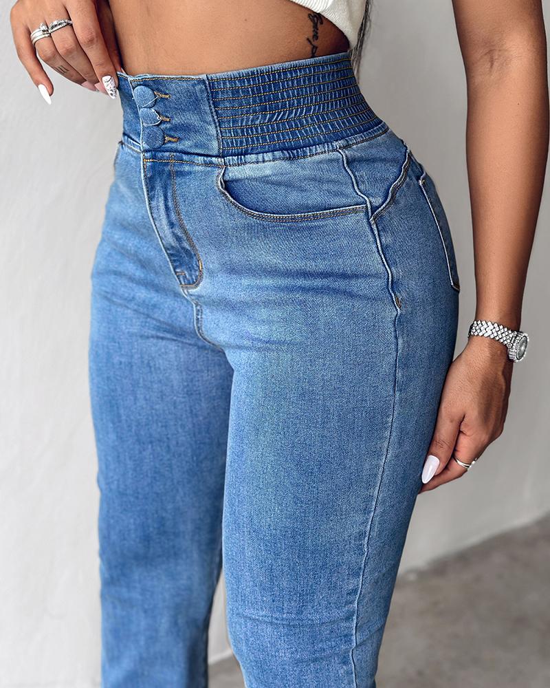 Back Shirred Button Front High Waist Jeans