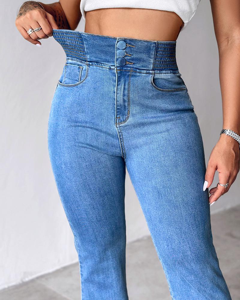 Back Shirred Button Front High Waist Jeans