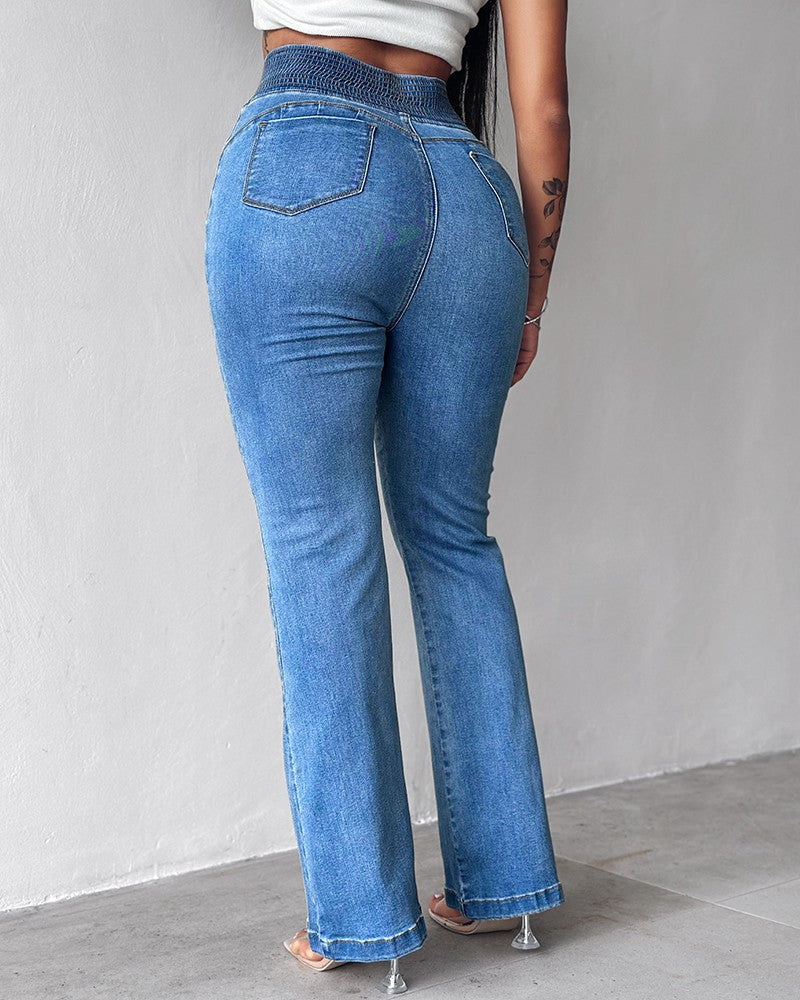 Back Shirred Button Front High Waist Jeans