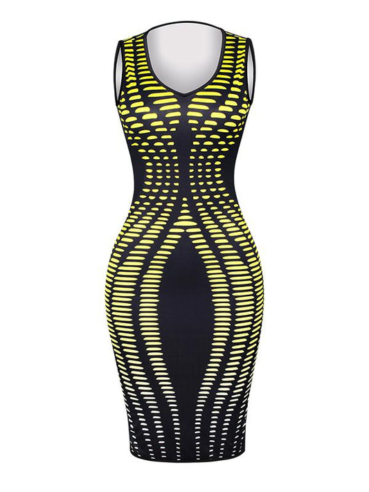 Women Sexy V Neck Multicolor Stripe Print Sleeveless Bodycon Dress