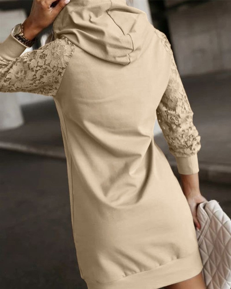 Hooded Contrast Lace Long Sleeve Sweatshirt Dress Pocket Drawstring Pullover Hoodie Dress