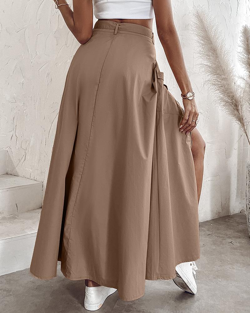 Adjustable Waistbelt Zipper High Slit Maxi A line Skirt