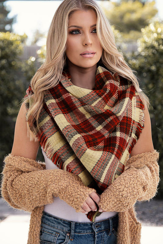 Red Clay Fringe Trim Reversible Plaid Houndstooth Pashmina Scarf