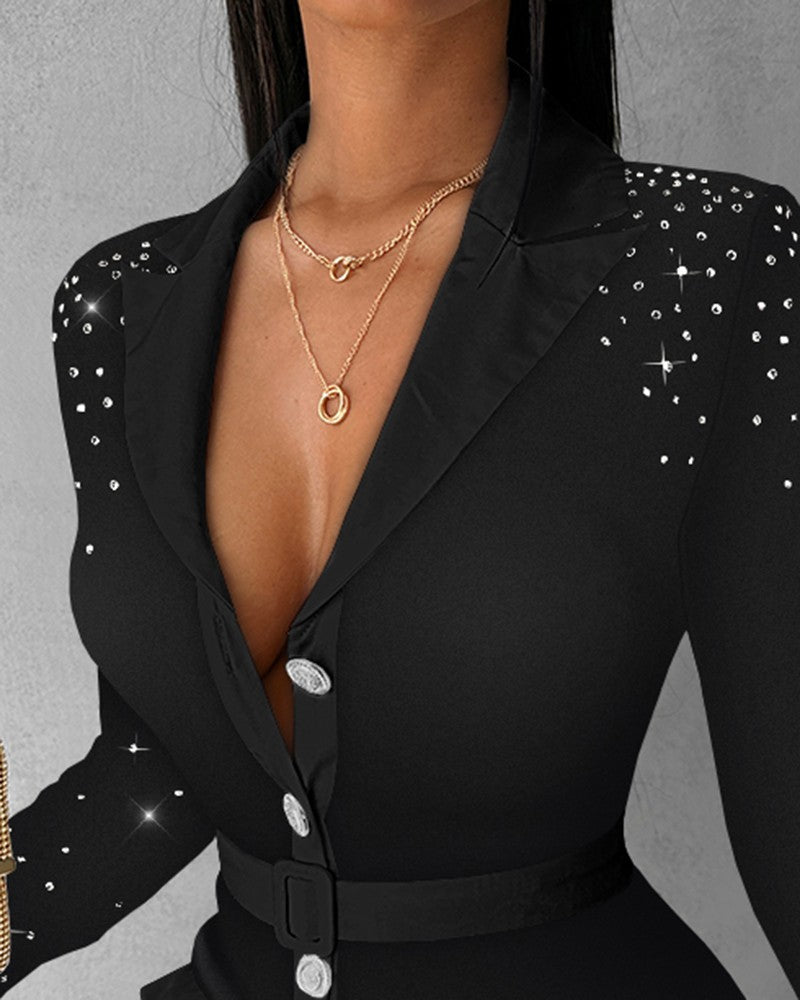 Rhinestone Decor Buttoned Bodycon Dress