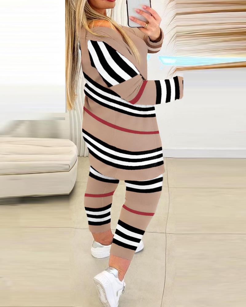 Plus Size Tank Top & Striped Print Drawstring Pants Set With Cardigan