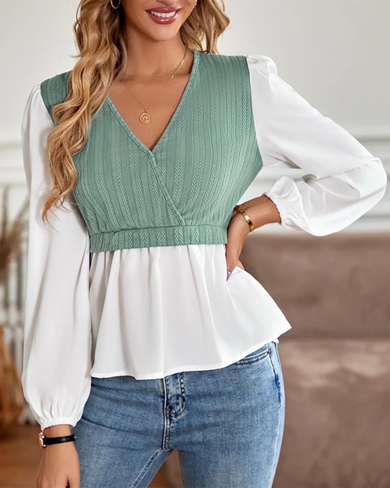 Colorblock V Neck Patchwork Knit Top