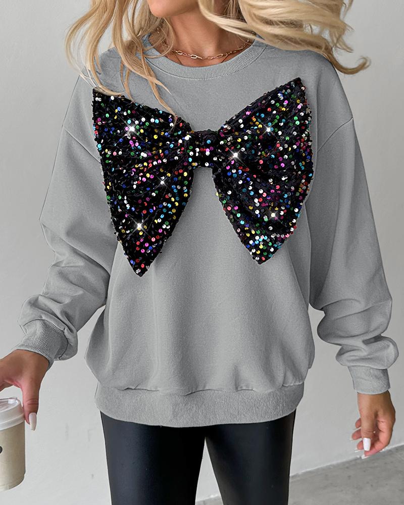 Round Neck Long Sleeve Contrast Sequin Bowknot Decor Sweatshirt