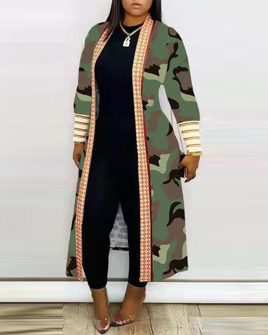 Camouflage Print Open Front Longline Coat