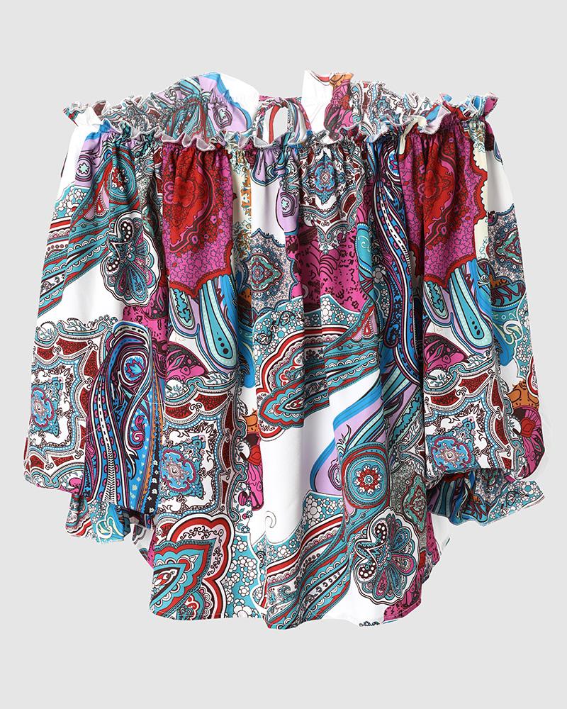 Tribal Print Off Shoulder Lantern Sleeve Top