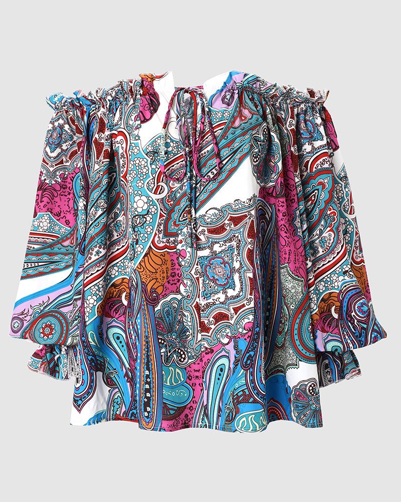 Tribal Print Off Shoulder Lantern Sleeve Top