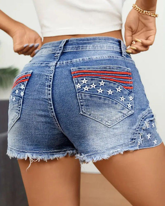 Star Embroidery Raw Hem Denim Shorts