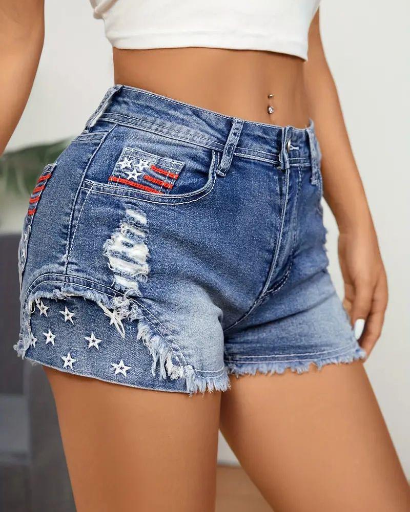 Star Embroidery Raw Hem Denim Shorts