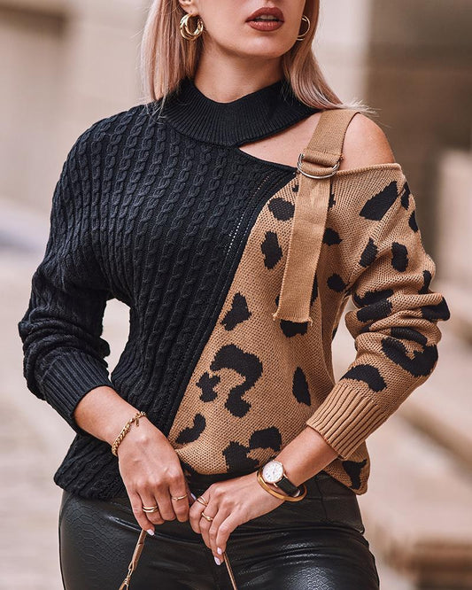 Contrast Leopard Pattern Buckled Knit Sweater