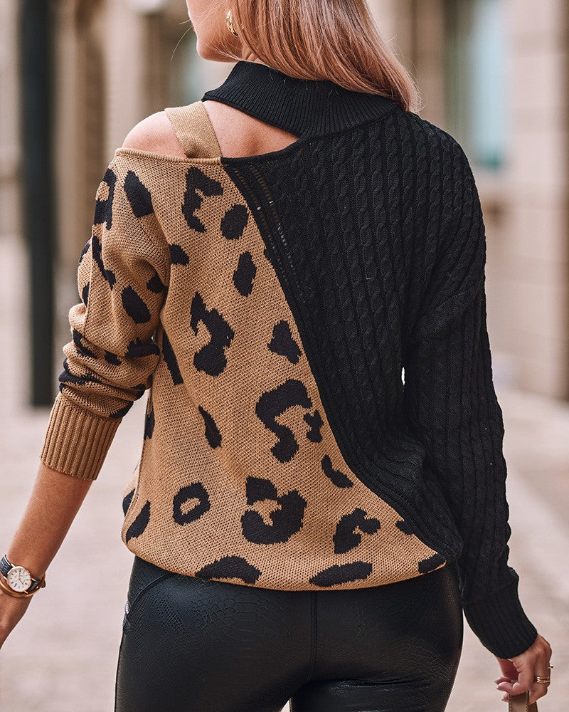 Contrast Leopard Pattern Buckled Knit Sweater