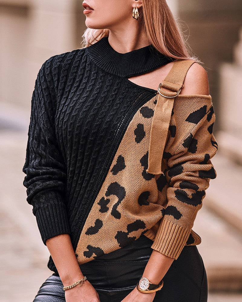 Contrast Leopard Pattern Buckled Knit Sweater