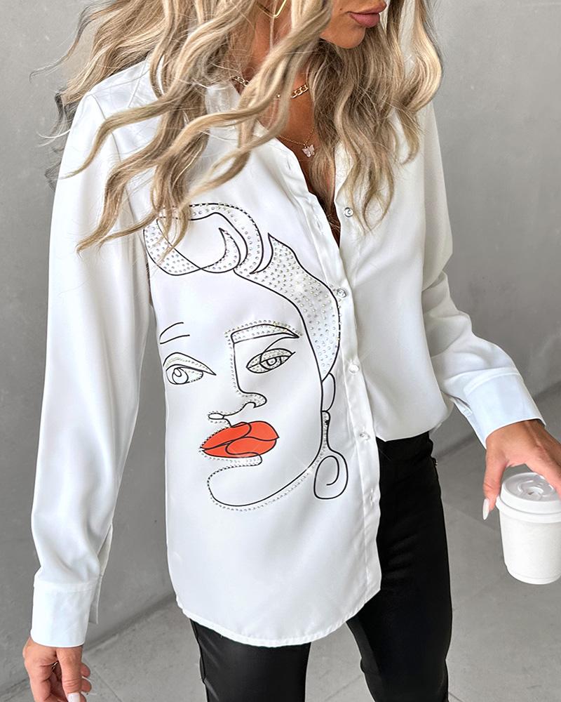 Figure Print Rhinestone Long Sleeve Top