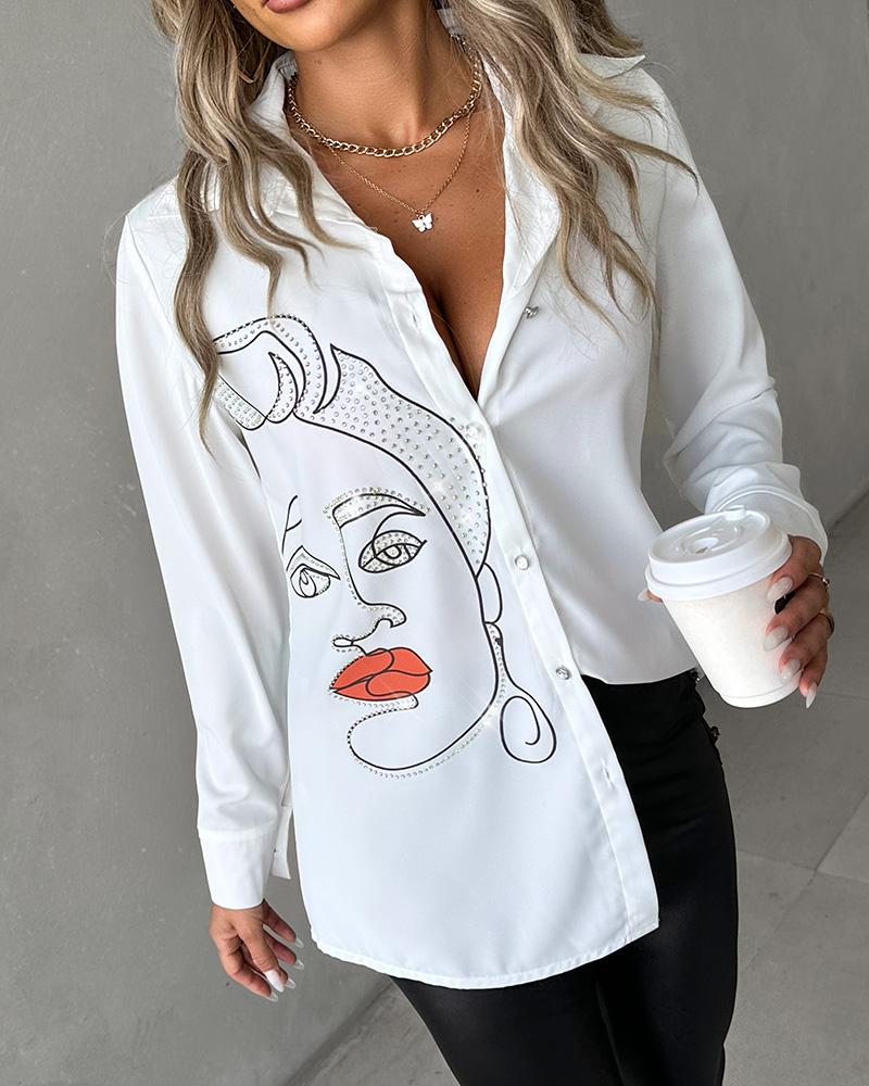 Figure Print Rhinestone Long Sleeve Top