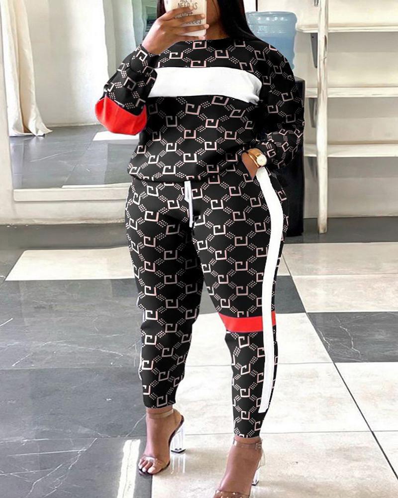 Plus Size Geometric Print Colorblock Sweatshirt & Striped Sweatpants Set