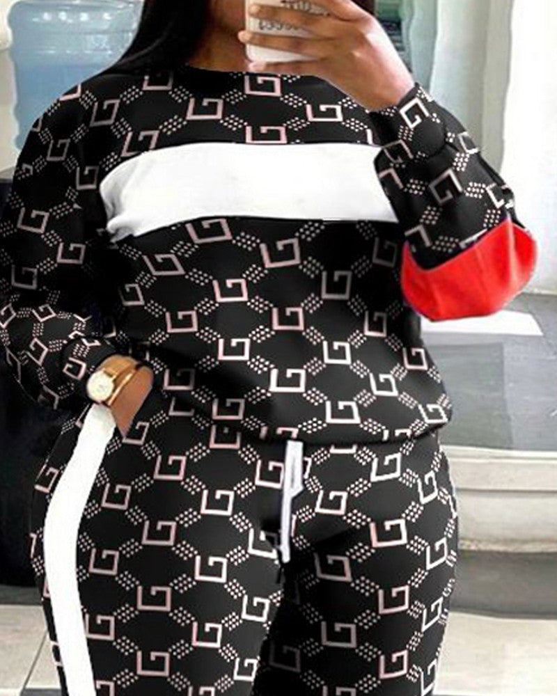 Plus Size Geometric Print Colorblock Sweatshirt & Striped Sweatpants Set