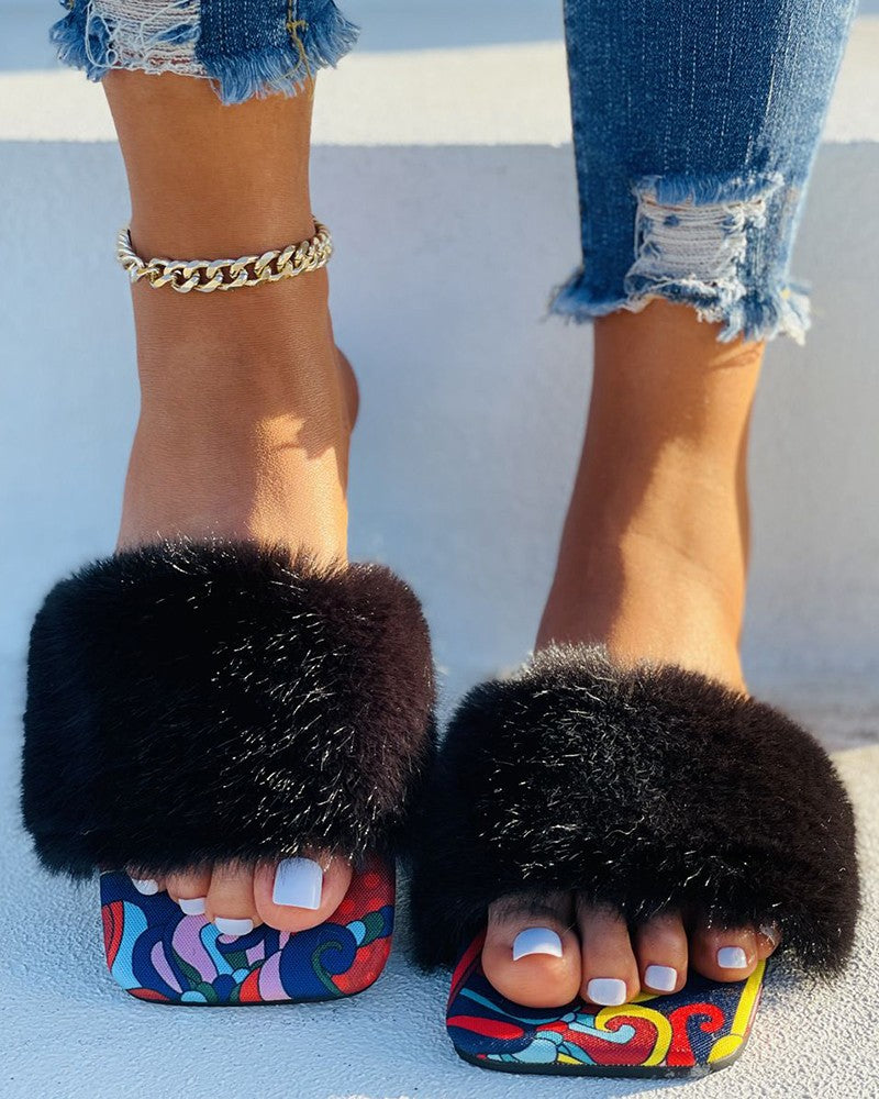 Graphic Print Fluffy Strap Square Toe Slippers