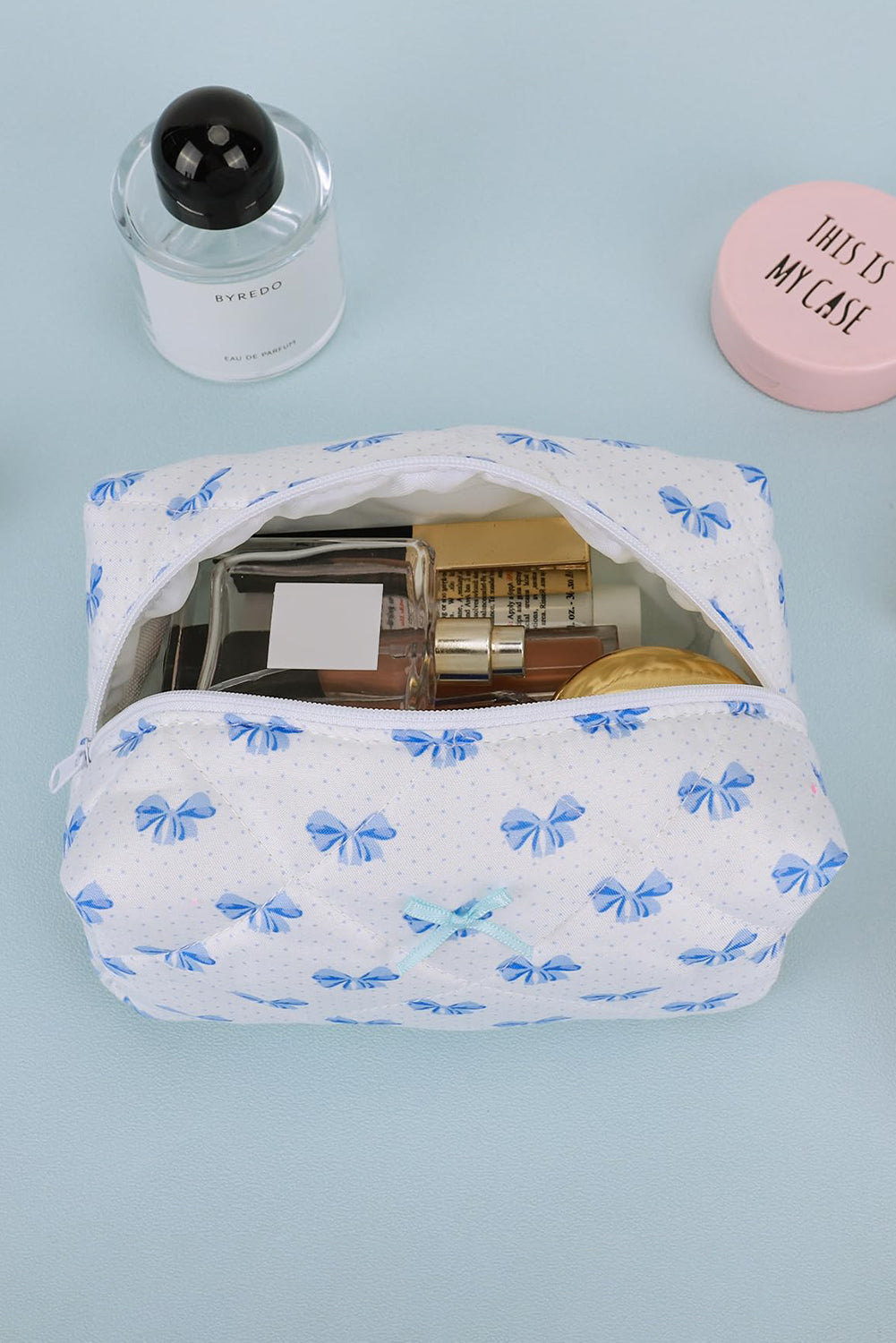 Sky Blue Bow Knot Quilted Zipper Makeup Bag