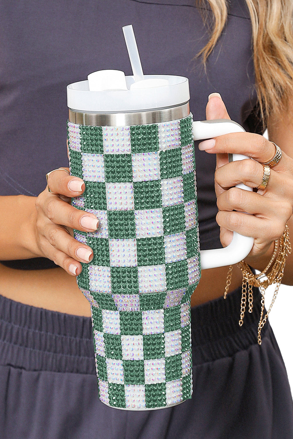 Ginger Full Rhinestone Checkerboard Handled Tumbler 40oz