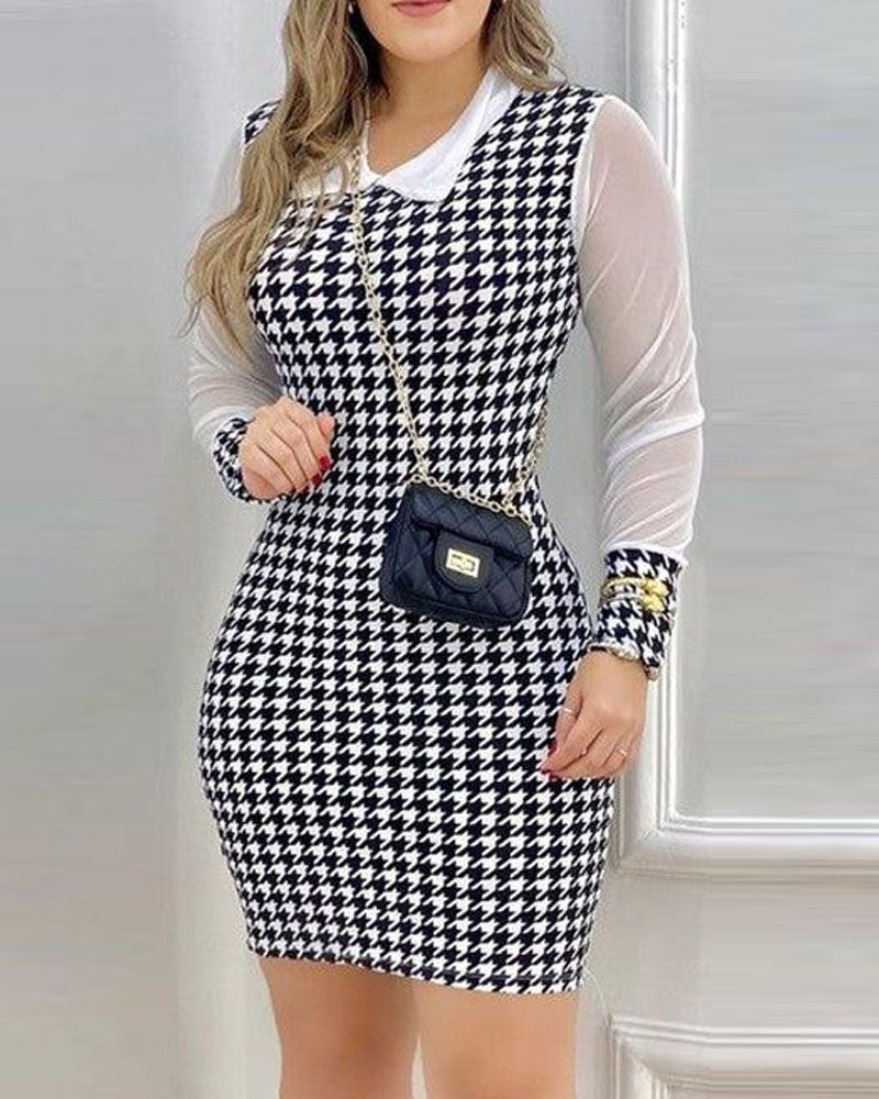 Houndstooth Print Turn down Collar Bodycon Dress See Through Mesh Long Sleeve Slim Fit Mini Dress