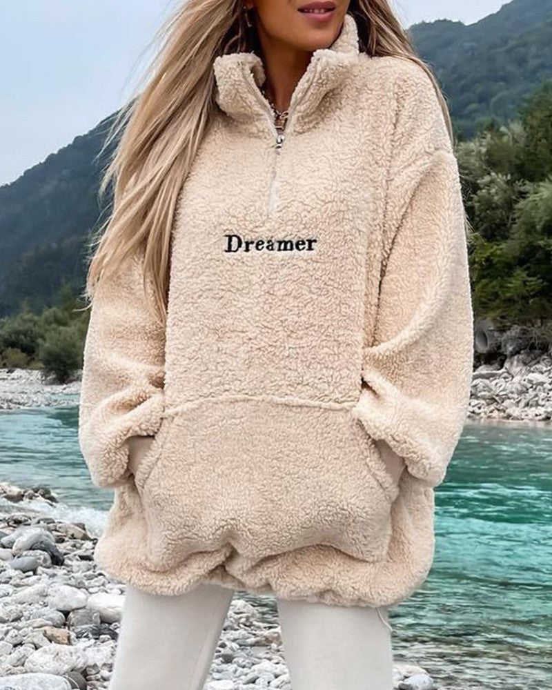 Embroidery Letter Pocket Zipper Front Fuzzy Sweatshirt