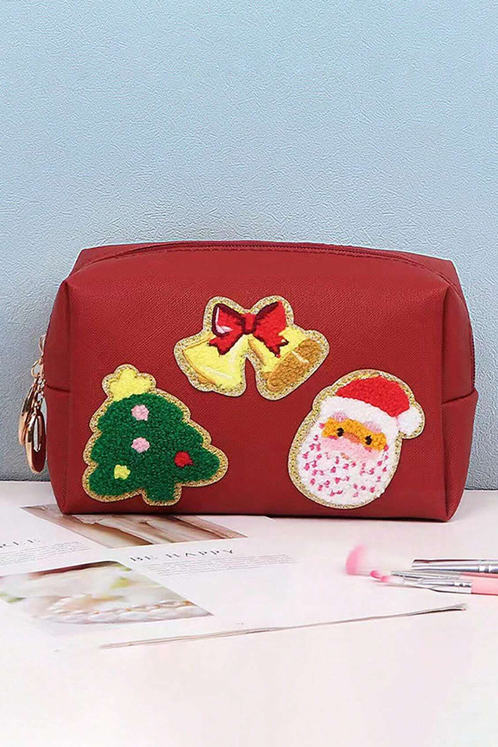 Fiery Red Christmas Pattern Chenille Patched PU Zipper Makeup Bag