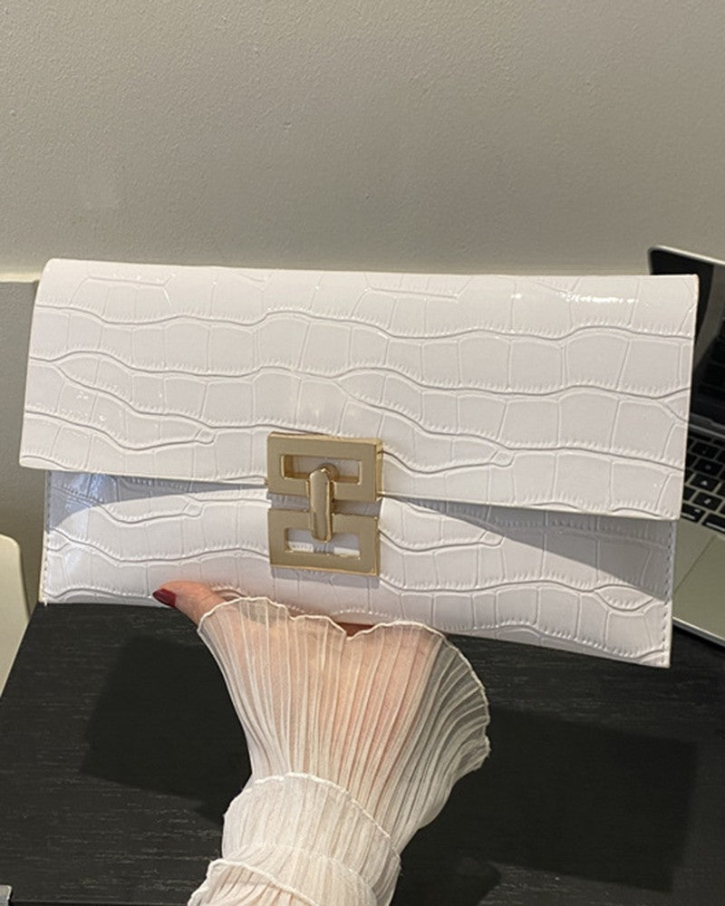 Crocodile Press Lock Envelop Flap Clutch Bag