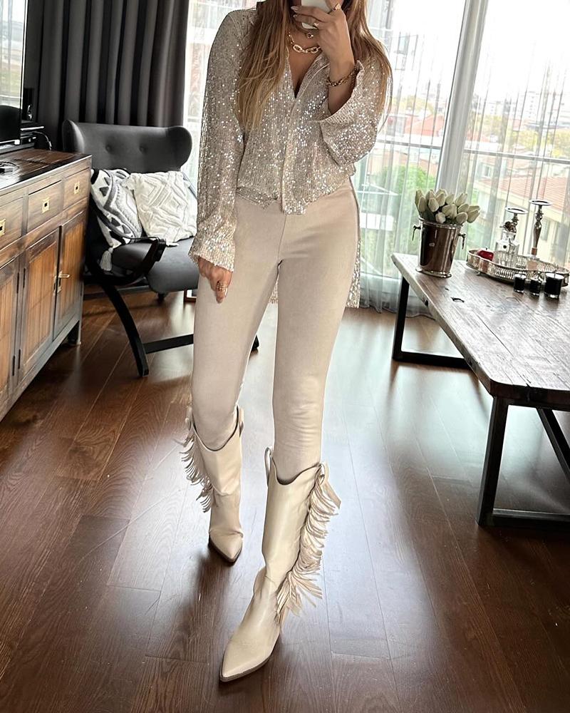 Allover Sequin Buttoned Long Sleeve Top