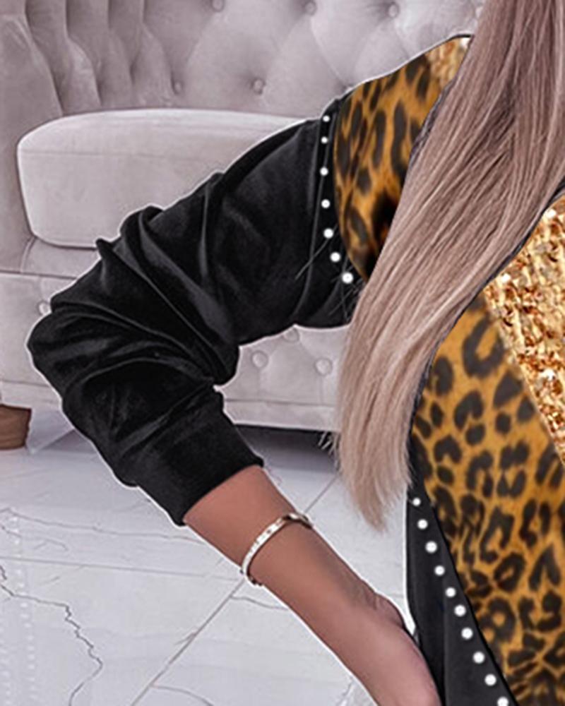 Leopard Print Contrast Sequin Sweatshirt & Cuffed Sweatpants Set