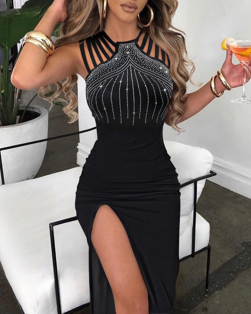 Rhinestone Decor Multi Strap High Slit Party Dress