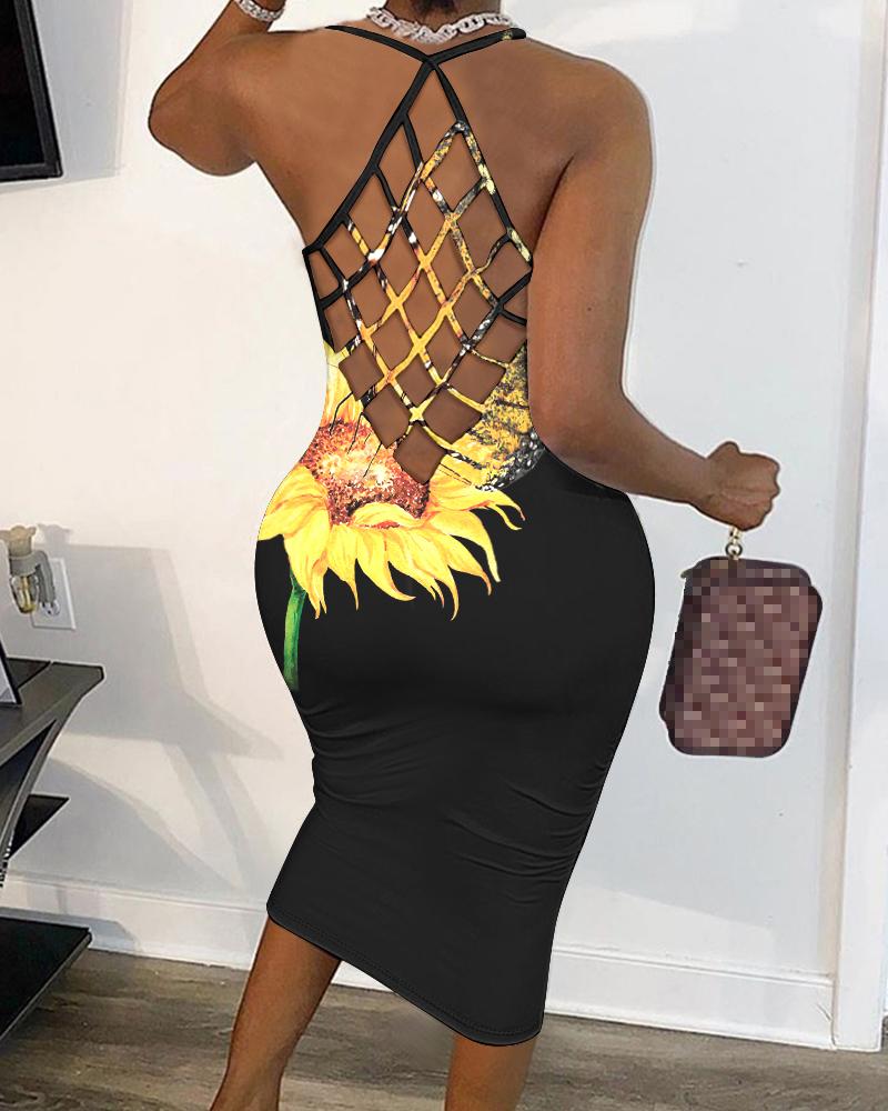 Butterfly Sunflower Print Fishnet Backless Bodycon Dress