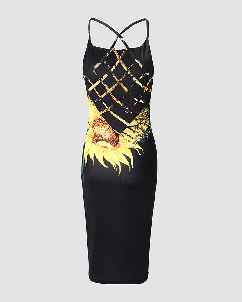 Butterfly Sunflower Print Fishnet Backless Bodycon Dress