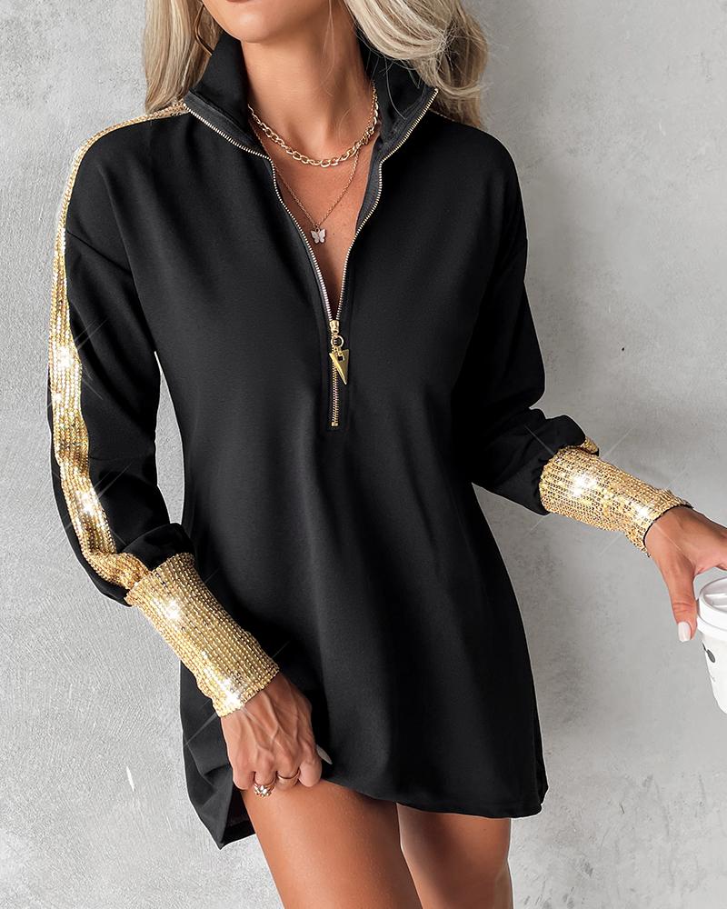 Sequins Patchwork Zipper Design Blouse