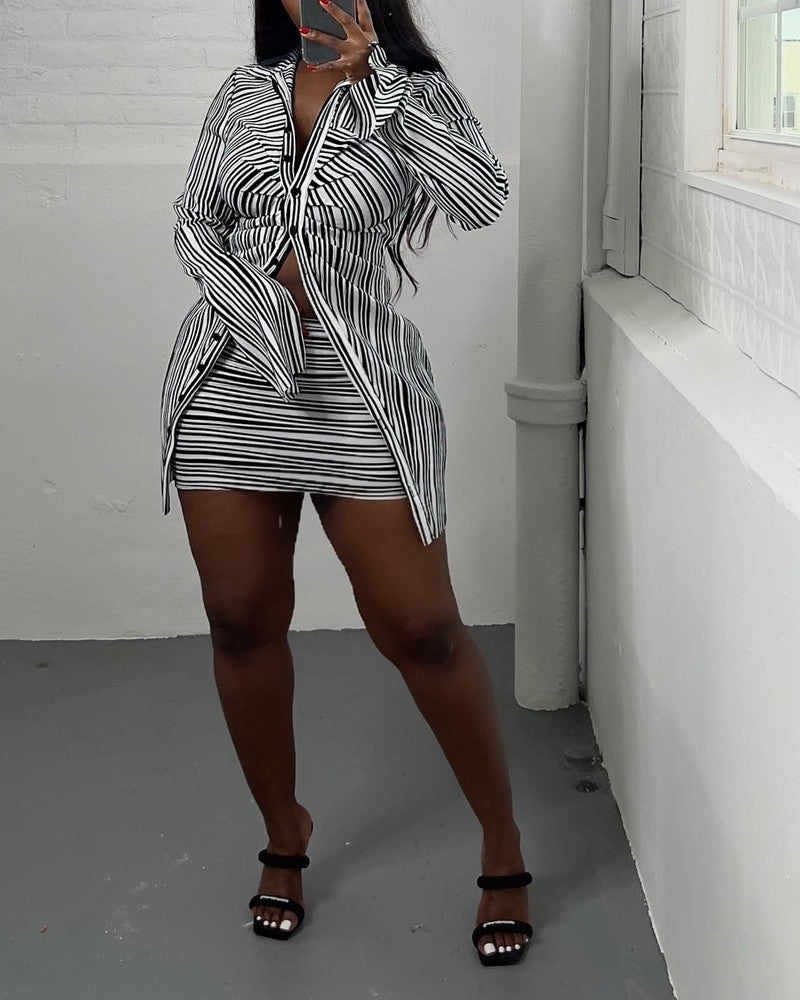 Striped Ruched Long Sleeve Top & Skirt Set