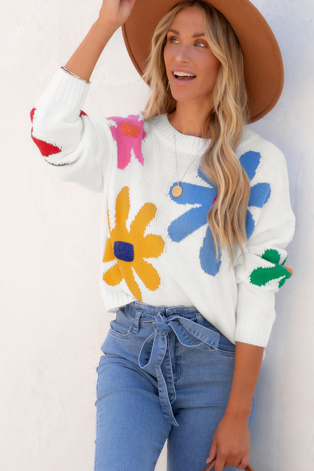 White Colorful Big Flower Pattern Crewneck Sweater