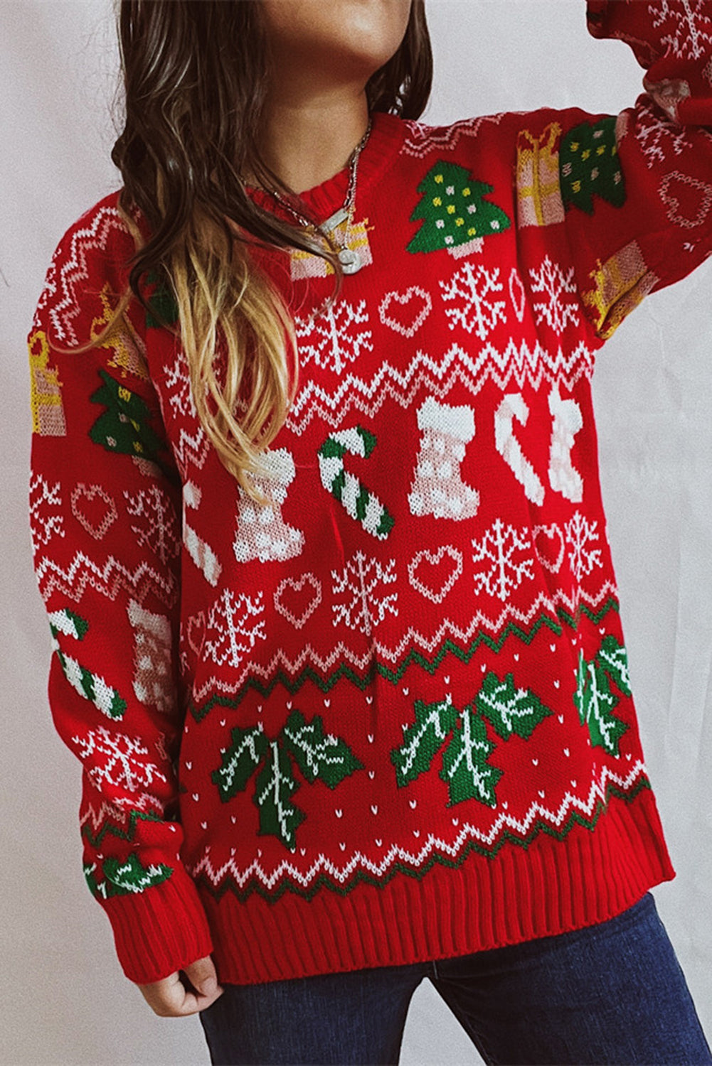 Fiery Red Christmas Pattern Drop Shoulder Knitted Sweater