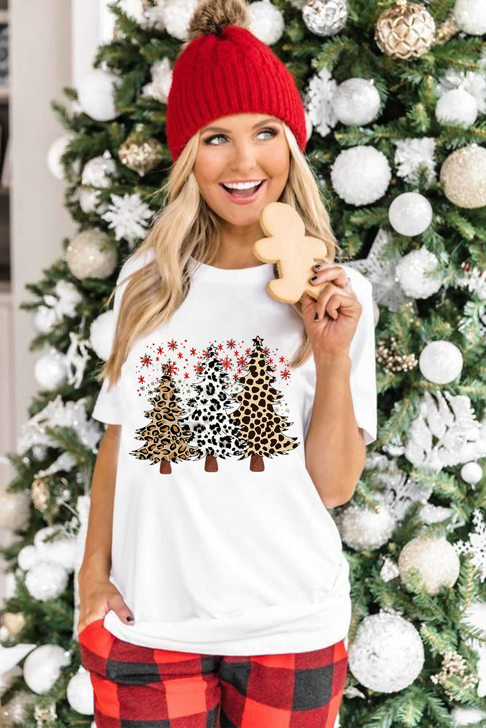 White Leopard Christmas Tree Graphic Crewneck Tee