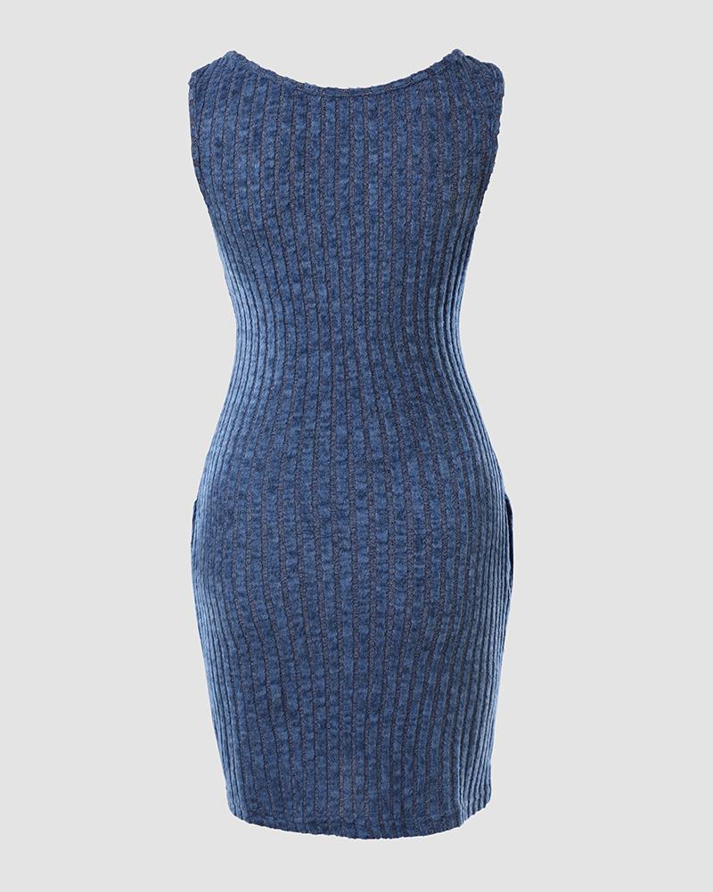 Buttoned Pocket Design Ribbed Bodycon Dress