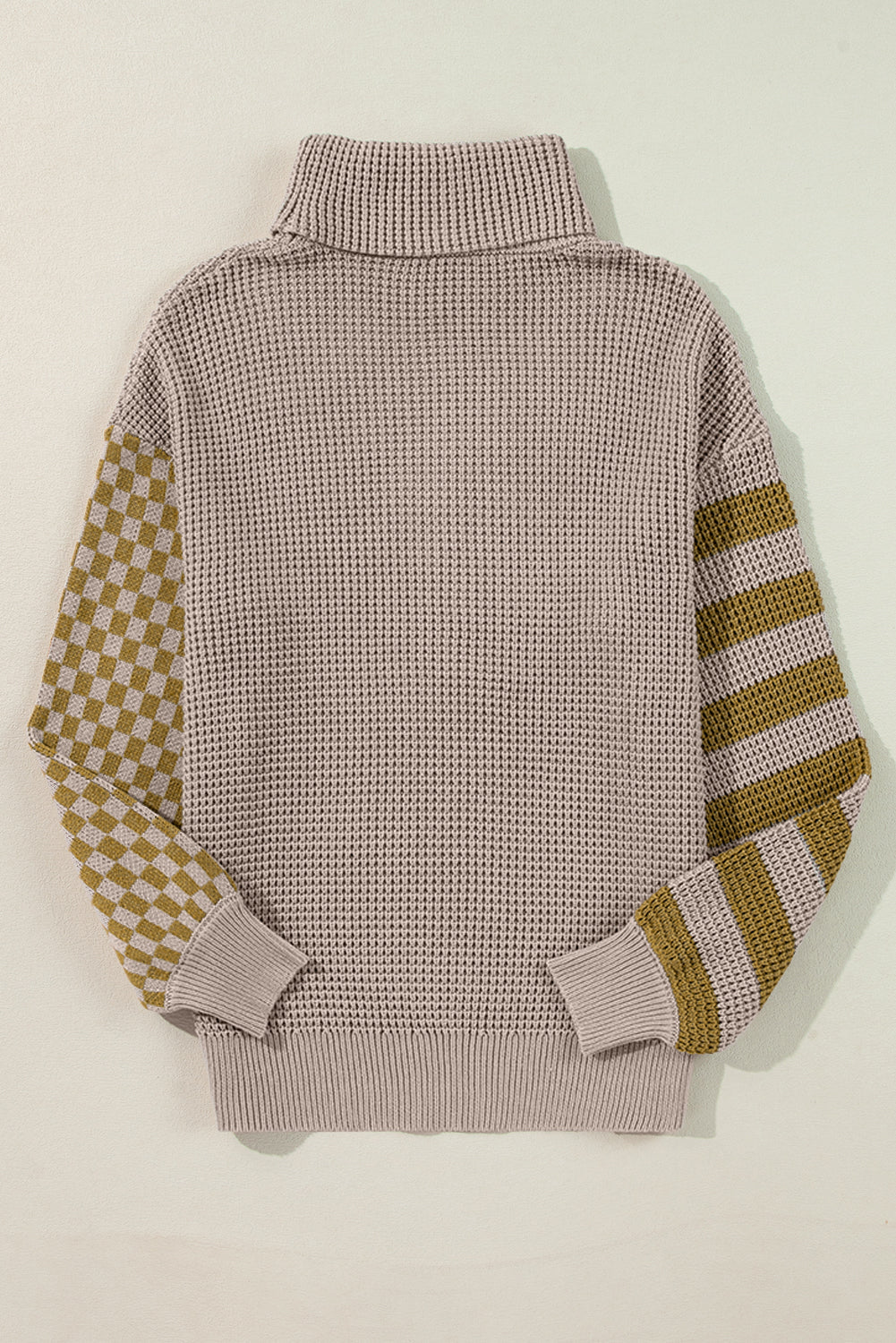 Smoke Gray Striped Plaid Patchwork Waffle Knit Turtleneck Sweater