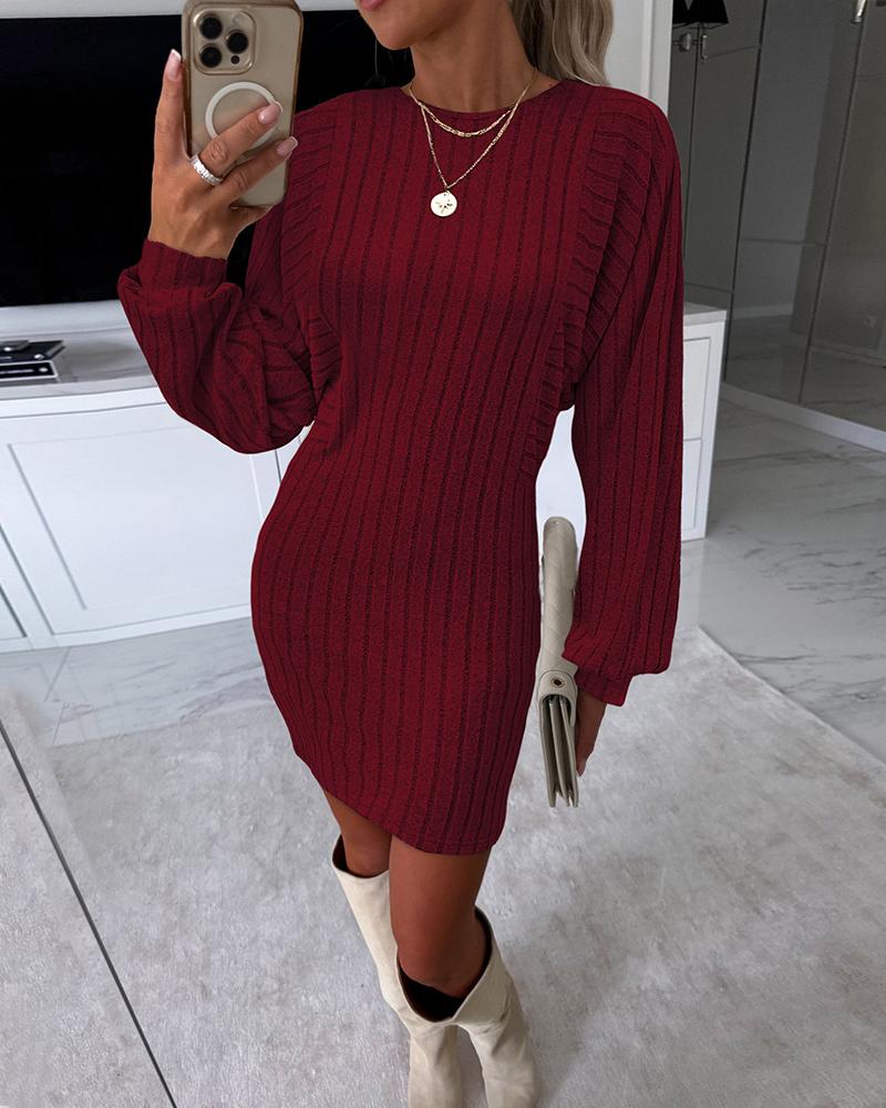 Lantern Sleeve Ribbed Long Sleeve Dress