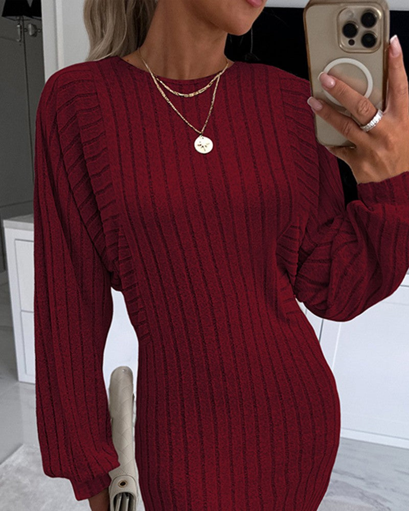 Lantern Sleeve Ribbed Long Sleeve Dress