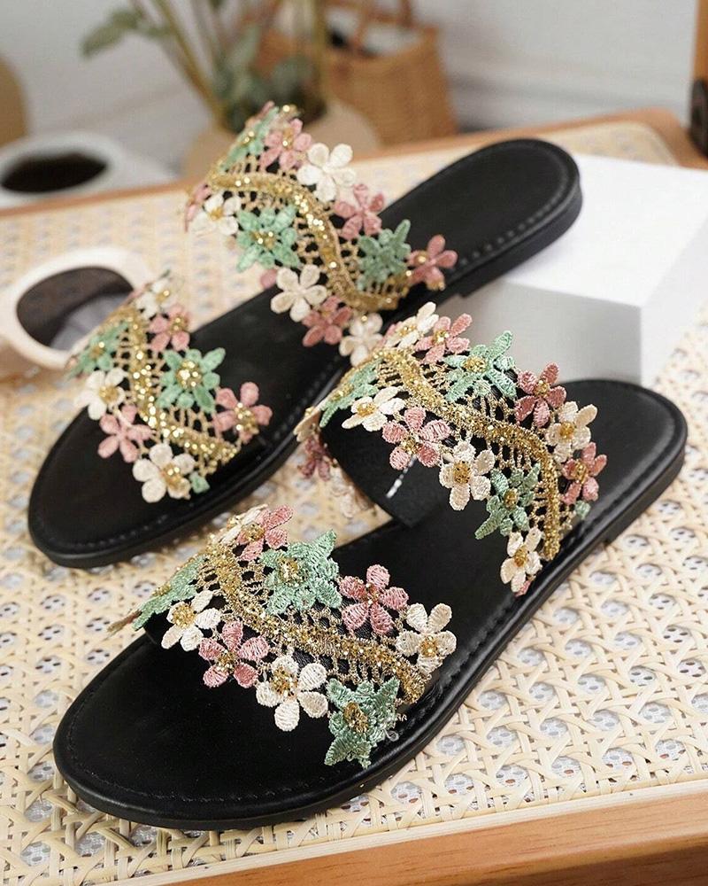 Lace Floral Double Strap Summer Beach Slippers