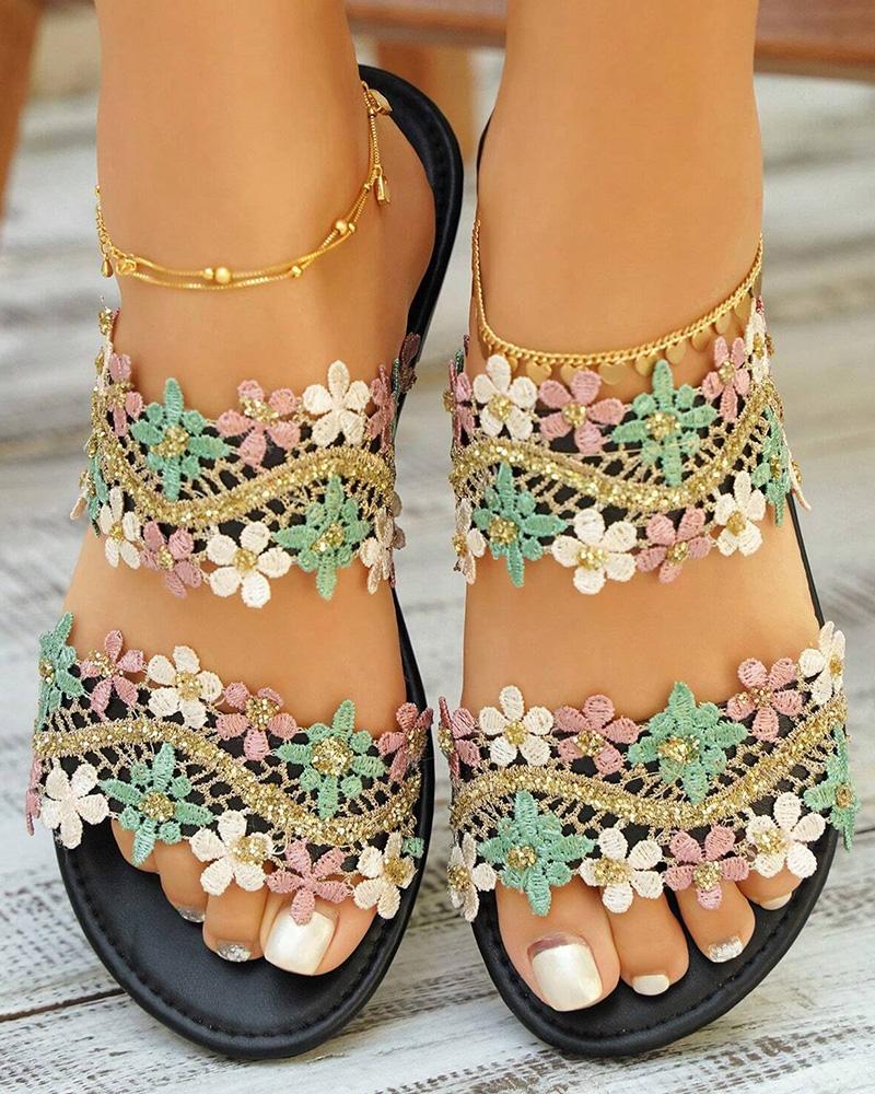 Lace Floral Double Strap Summer Beach Slippers