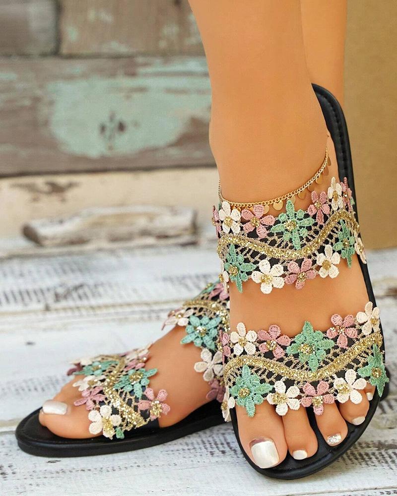 Lace Floral Double Strap Summer Beach Slippers