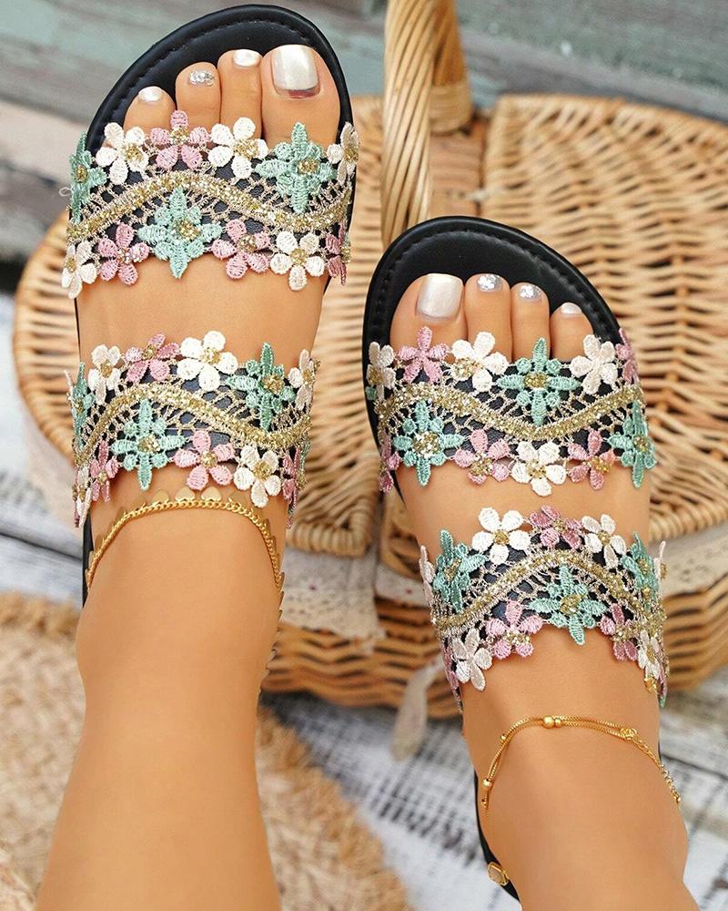 Lace Floral Double Strap Summer Beach Slippers